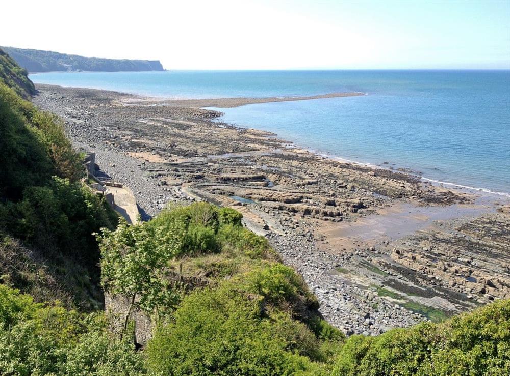 View from Bucks Mill to Clovelly at low tide at Barnacle in Bucks Mills, near Bideford, Devon