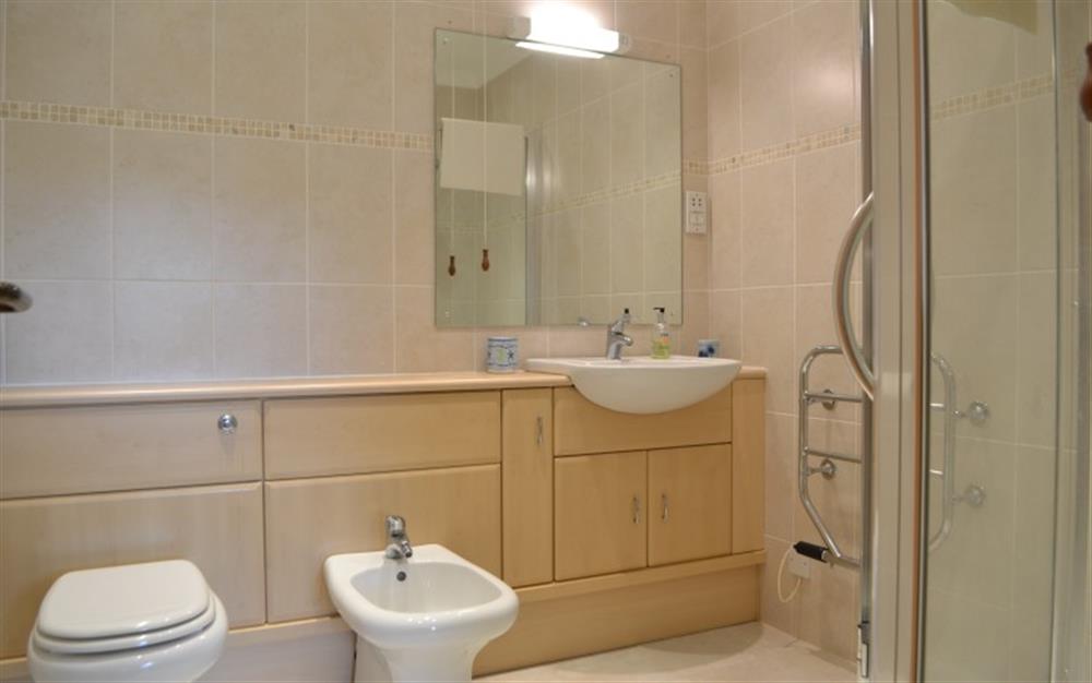 There's a large corner shower cubicle in the en-suite. at Bay View in Maenporth