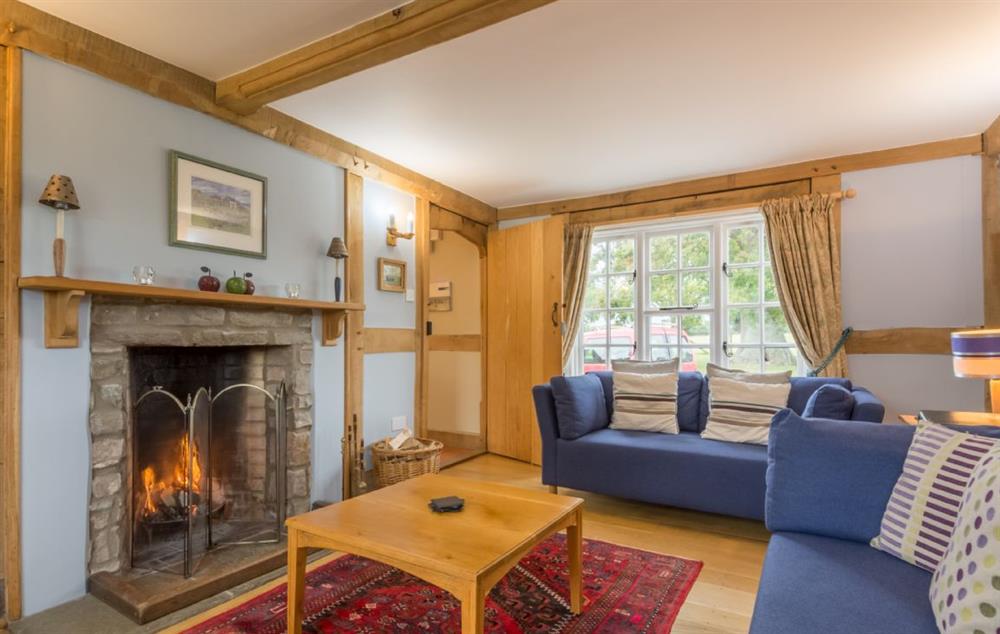Sitting room with open fire at Bearwood Cottage, Pembridge