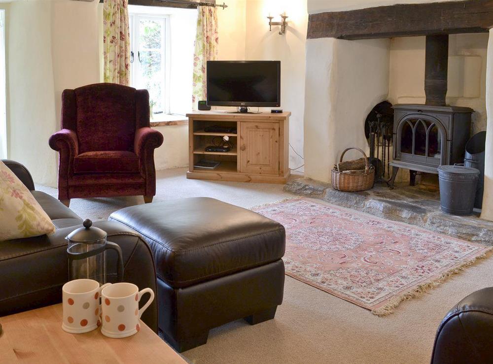 Cosy living room with wood burner at Bee Bowl Cottage in Landcross, near Bideford, Devon