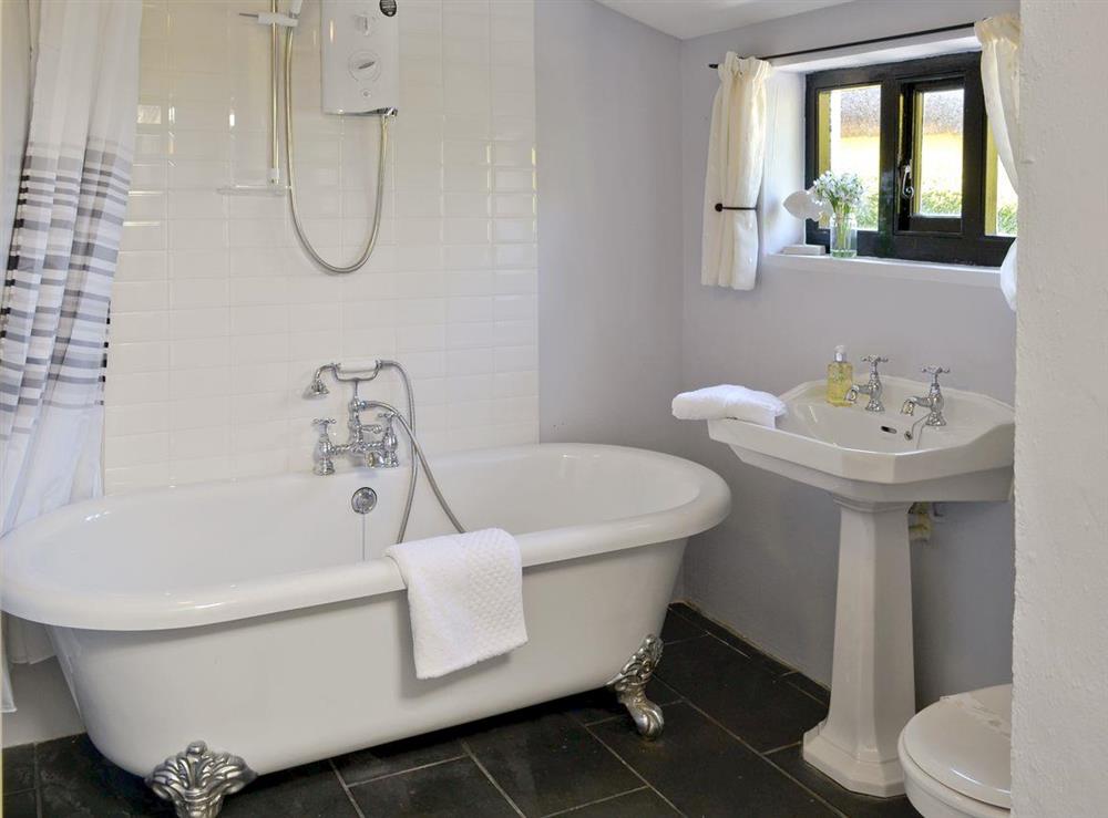 Stylish bathroom with shower over elegant roll-top bath at Bee Bowl Cottage in Landcross, near Bideford, Devon