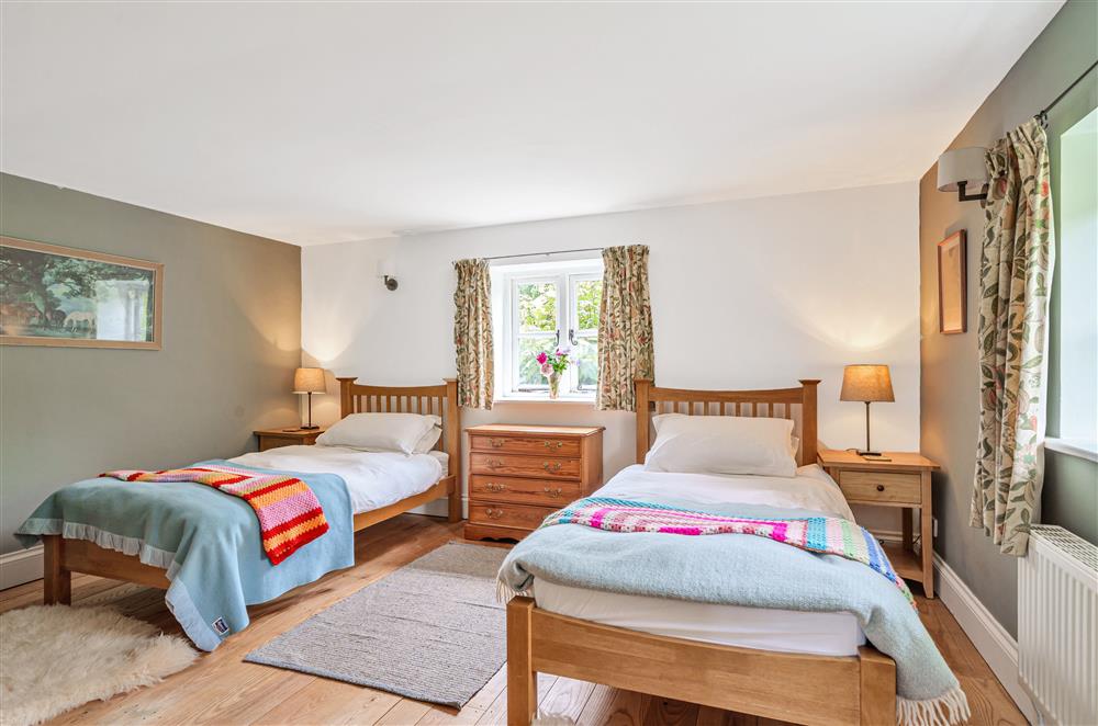 The twin bedroom with views up to the orchard at Beech Cottage, Honiton