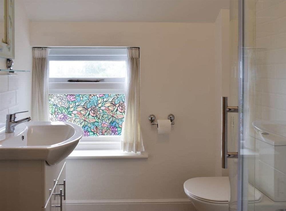 Attractive shower room with stained glass window at Beech Cottage in St Lawrence, near Ventnor, Isle of Wight
