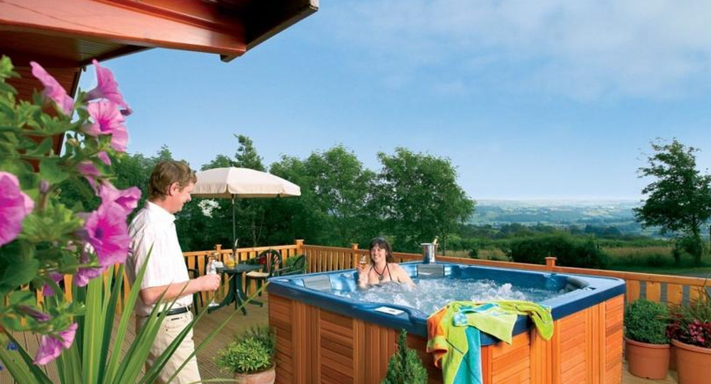 The hot tub at Belan Bach Lodges in Powys, Wales