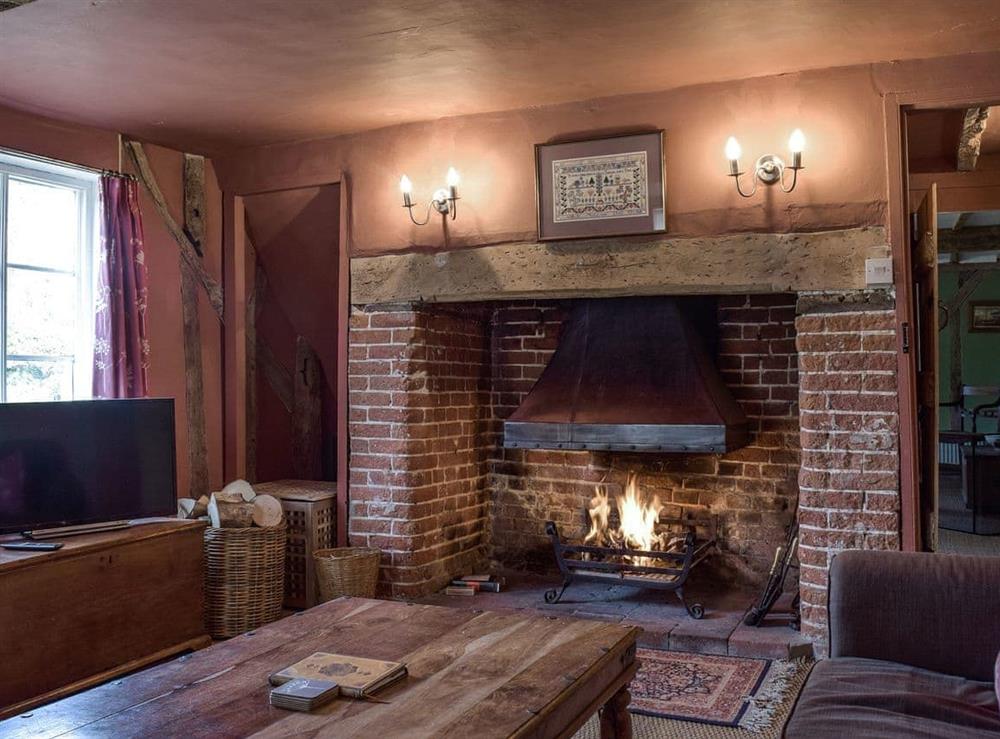 Cosy living room with open fire at Bell Corner Cottage in Cratfield, Halesworth, Suffolk., Great Britain