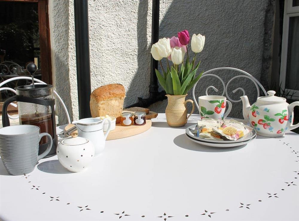 Great private courtyard with garden furniture at Bell Hill Cottage in Lindale, near Grange-over-Sands, Cumbria