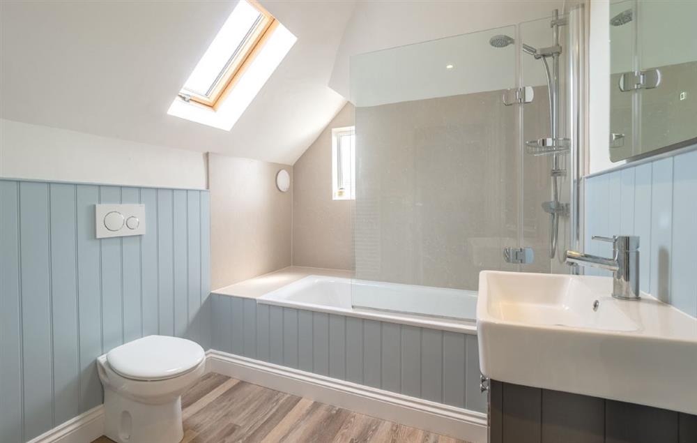 Second floor: Bathroom with shower over the bath at Belstead House, Aldeburgh