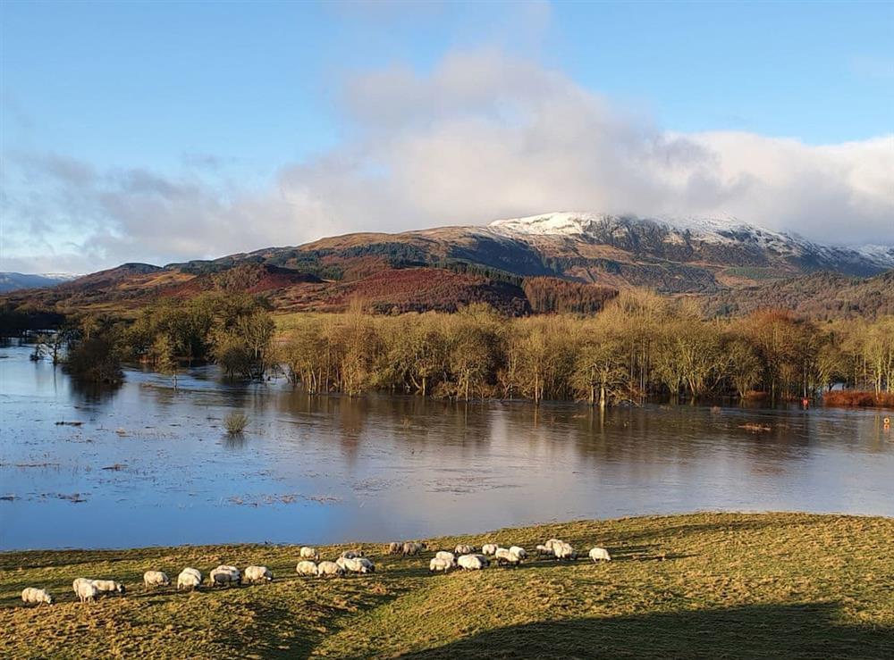 River Teith in flood from the propertty at Ben Ledi View in Callander, Perthshire