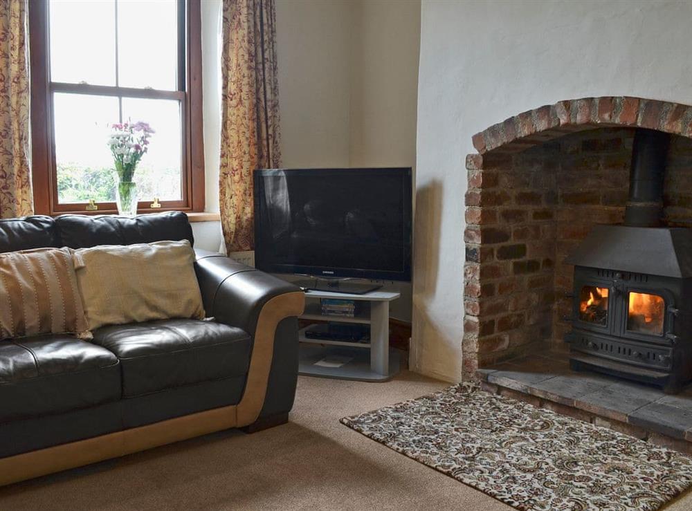 Welcoming living room with wood burner at Bettws y Gwynt in Llanbedrgoch, near Benllech, Anglesey, Gwynedd