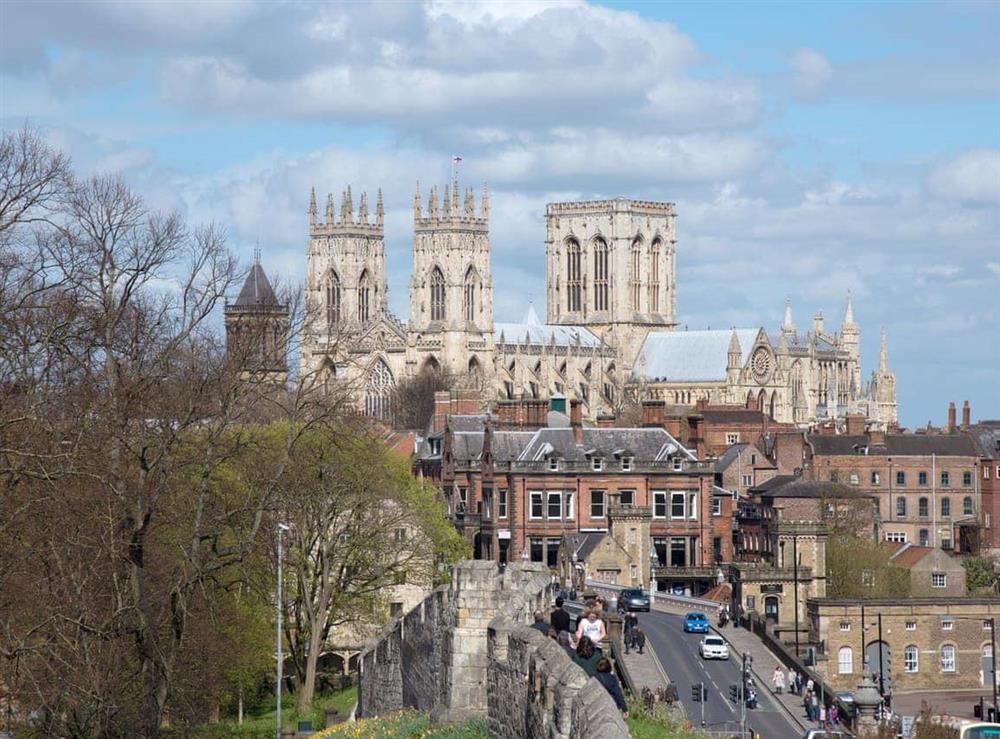 York Minster from the city walls at Biggan Mews in York, North Yorkshire