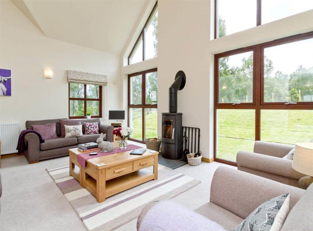 Beautiful living room with floor to ceiling windows and woodburner at Birch Corner in Aviemore, Inverness-Shire