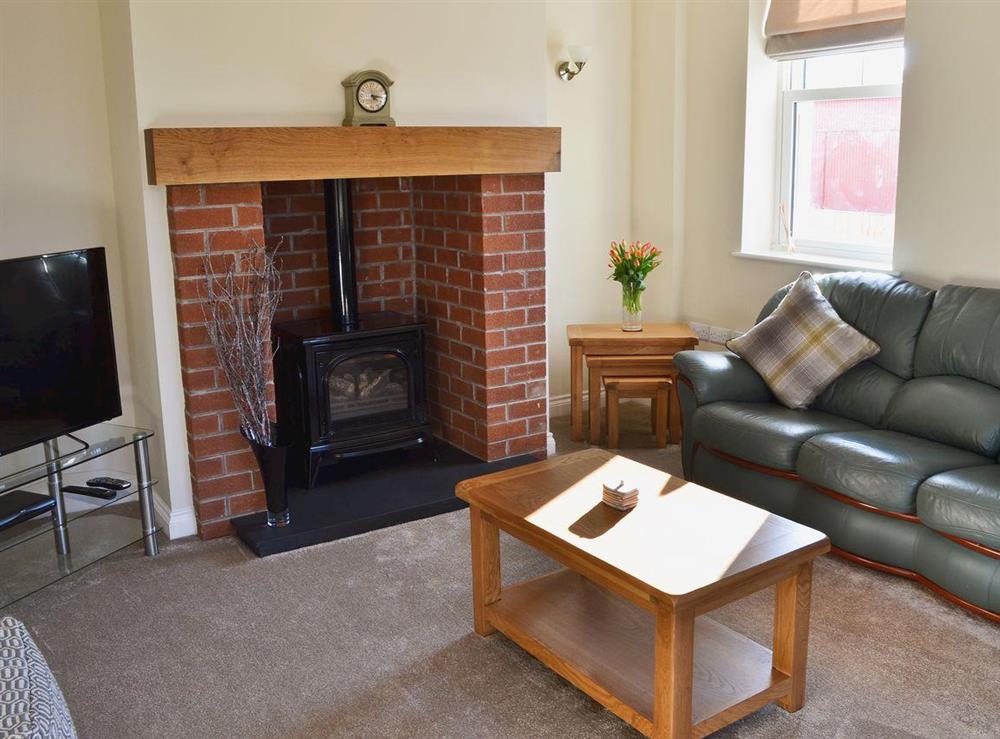 Living room with gas woodburner at Birchfield in Rhuallt, near St Asaph, Denbighshire