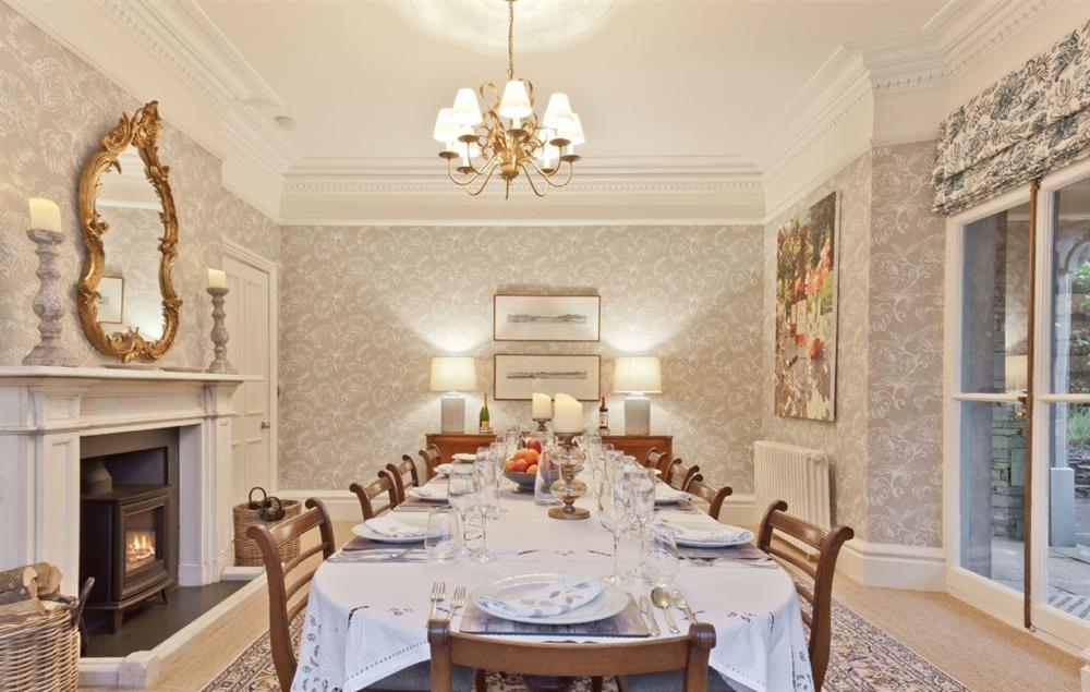 The elegant dining room seating ten guests at Birkdale House, Windermere