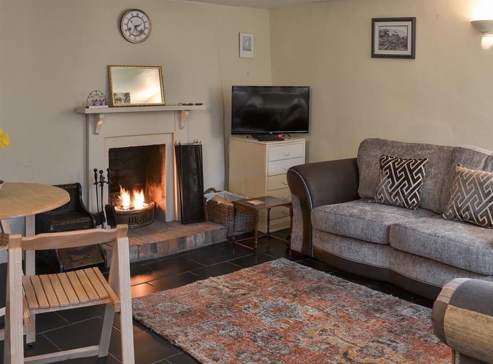 Cosy living room with open fire at Blackberry Cottage in Kenton, near Exeter, Devon, England