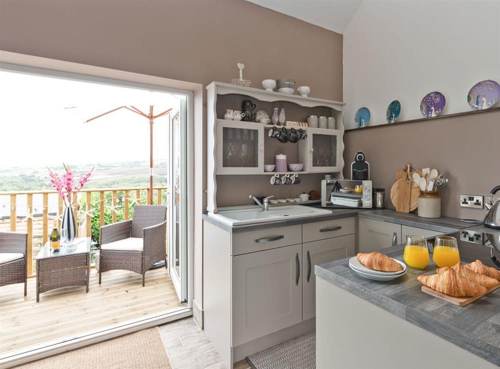 Kitchen area with outdoor dining space at Blackgill Lodge in Grinkle, near Easington, Cleveland