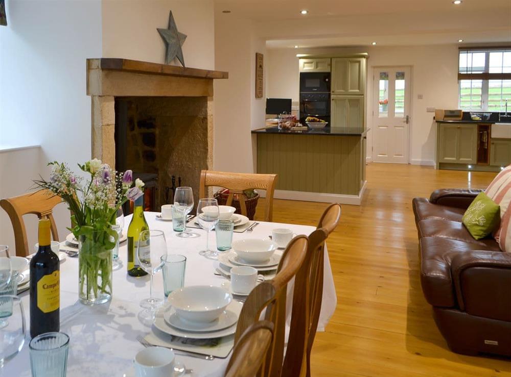 Kitchen and dining room with wood burner at Blackpool Farm Cottage in Longhorsley, near Morpeth, Northumberland