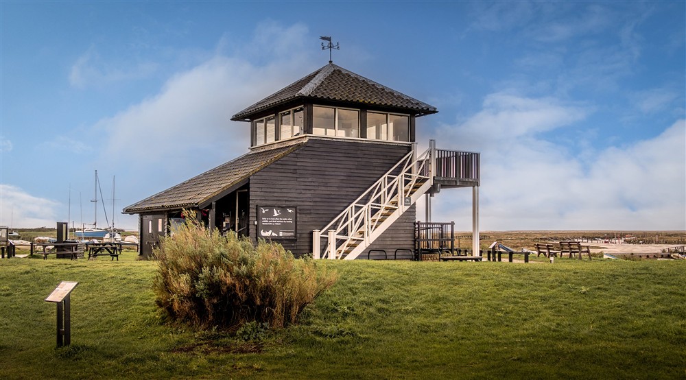 The National Trust visitor centre with café and bird watching tower at Blakeney Lodge in Blakeney, Norfolk