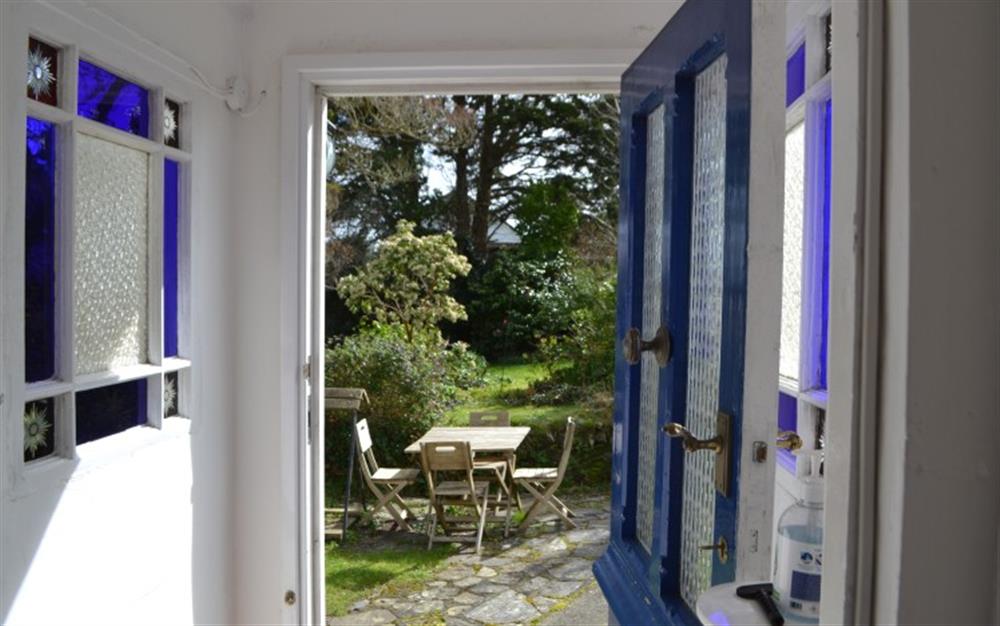 Enjoy the stain glass windows as you enter Blue Cottage.  at Blue Cottage in Feock