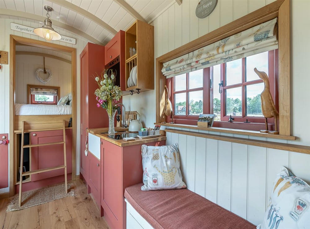 Open plan living space at Bonnies Shepherd Hut in Nottingham, Leicestershire