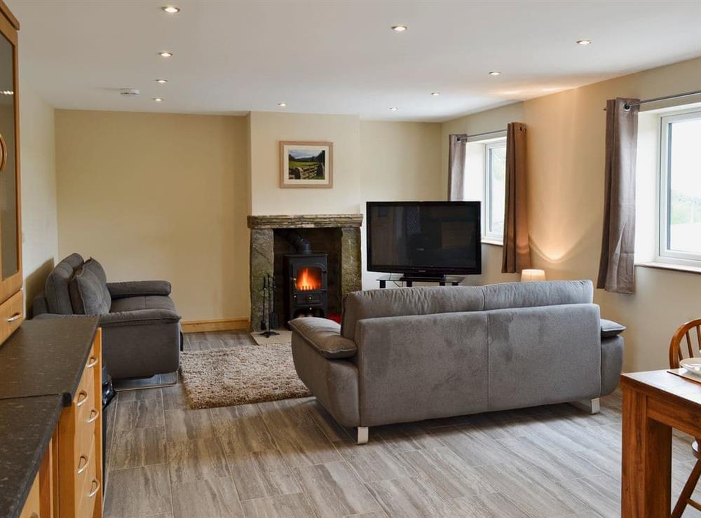 Comfortable open plan living room with kitchen and dining area at Booth Farm Cottage, 