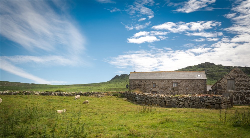 The exterior of Bosigran Cottage and surrounding fields, Cornwall at Bosigran Cottage in Penzance, Cornwall