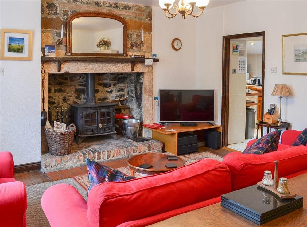 Welcoming living and dining room with wood burner at Botany Cottage, 