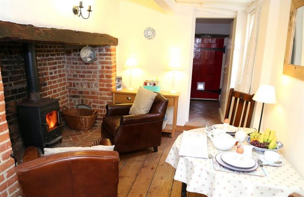 Living room and wood burner at Box Cottage, Eastling, Kent