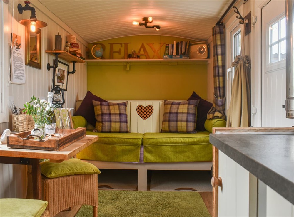 Open plan living space at Bracken Hut at Copy House Hideaway in Earby, Lancashire