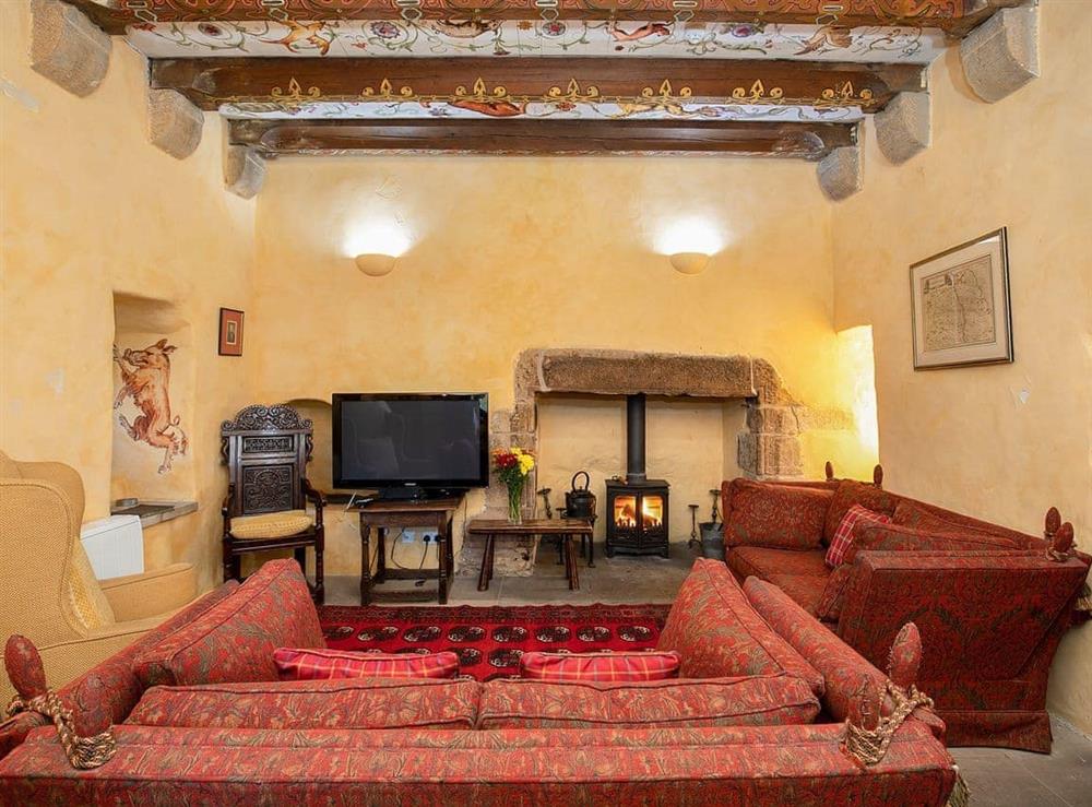 Beamed living room with ornate painted ceiling at Braidwood Castle, 