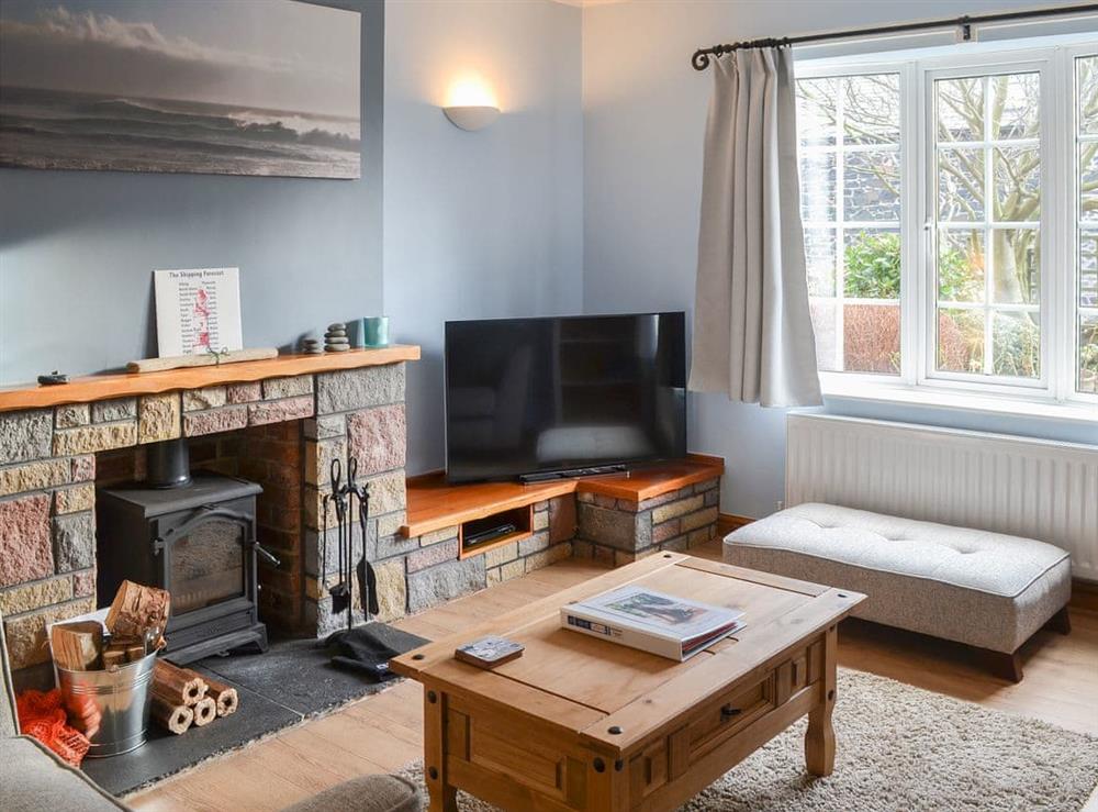 Living room with wood burning stove at Bramble Cottage in Craster, near Alnwick, Northumberland