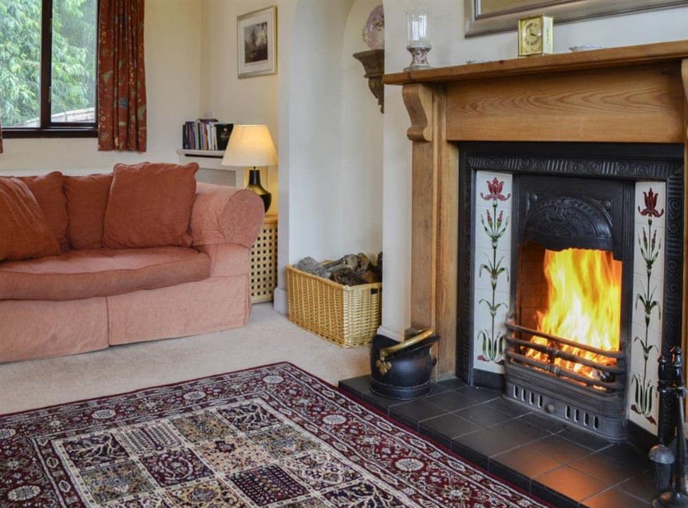 Cosy living room with open fireplace at Bramble Cottage in Meigle, Perthshire