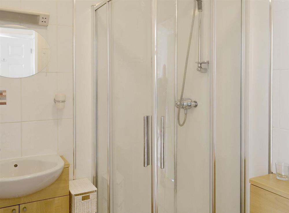 Shower room with walk-in shower room at Bramley Cottage in Lympsham, near Weston-super-Mare, Somerset, England
