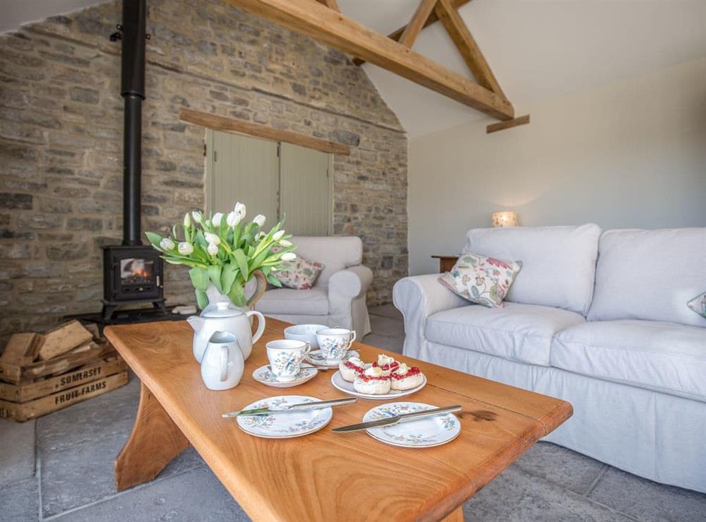 Lounge area with wood burner at Long Barn, 