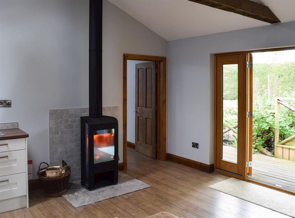 Open plan living space with wood burner at Brandy Lodge in Newsham, near Richmond, North Yorkshire