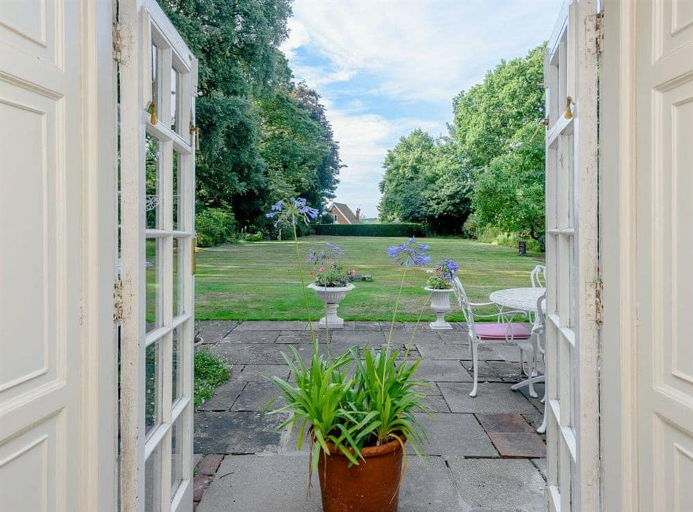 View out to the garden at Braydeston House in Brundall, near Norwich, Norfolk