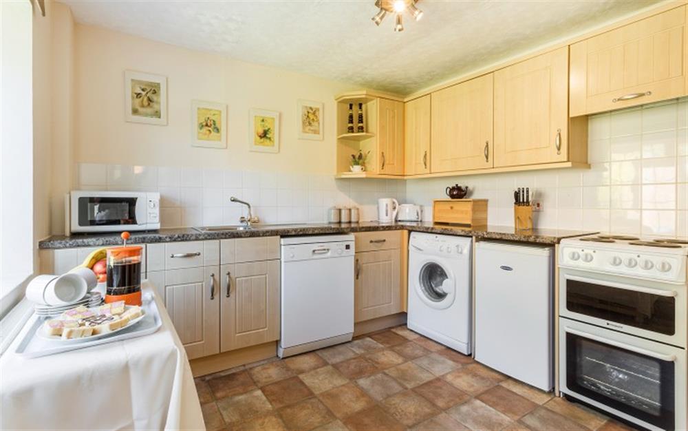 The kitchen with electric double over and hob, dishwasher, washing machine, fridge and microwave  at Bridge Cottage in Powerstock