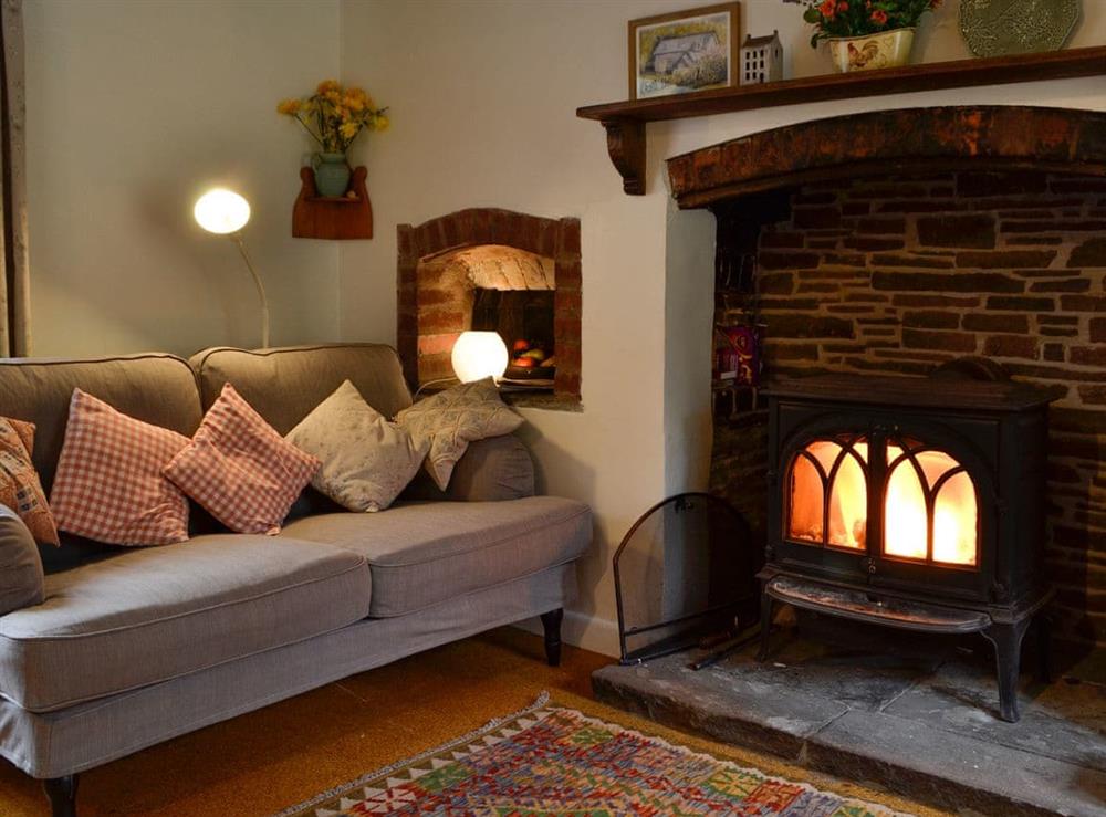 Living room with wood burner at Bridge End Cottage in Rhulen, near Builth Wells, Powys