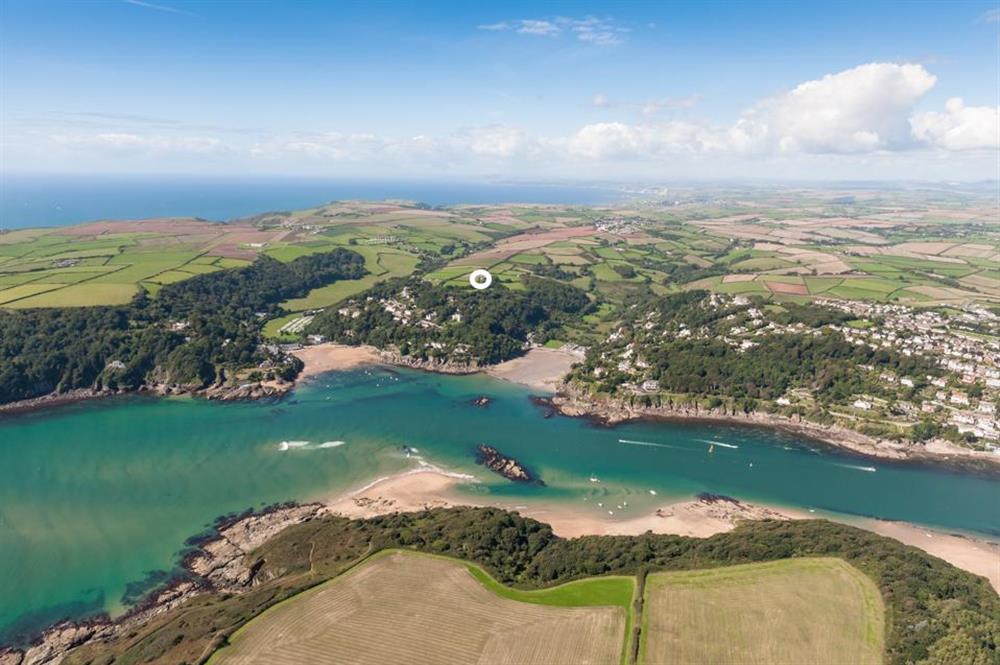 Aerial shot of South Sands and Salcombe Estuary (Bridleway House is circled) (photo 2) at Bridleway House in , Salcombe