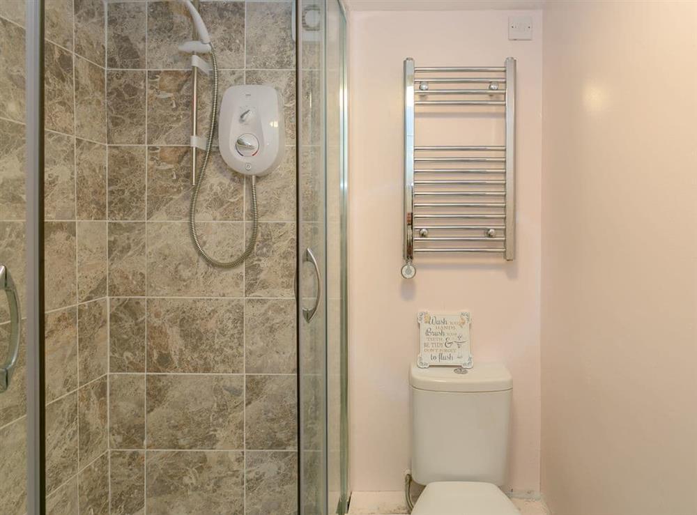 En-suite shower room with heated towel rail at Brittons Hill Cottage in Kenardington, near Ashford, Kent