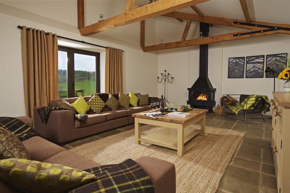 Delightful, spacious sitting room with log-burning stove at Broad Downs Barn in Malborough, Nr Salcombe
