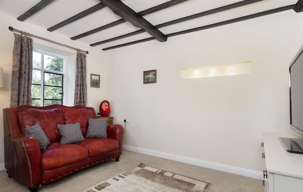 Small sitting room with sofa, bean bags and a smart television at Broad Meadows Farmhouse, Bayton