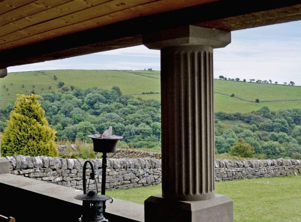 Covered stone veranda with fantastic views at Broadmeadows Farm in Butterton, Staffordshire., Great Britain