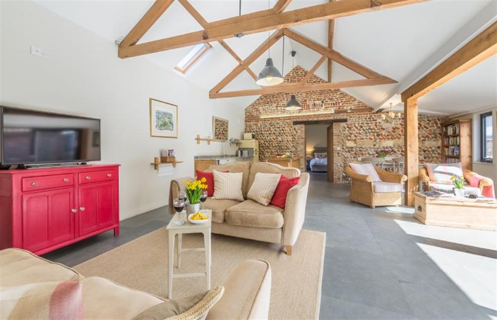 Ground floor:  Open plan living area with vaulted and beamed ceiling at Bromholm Barn, Ridlington near Norwich