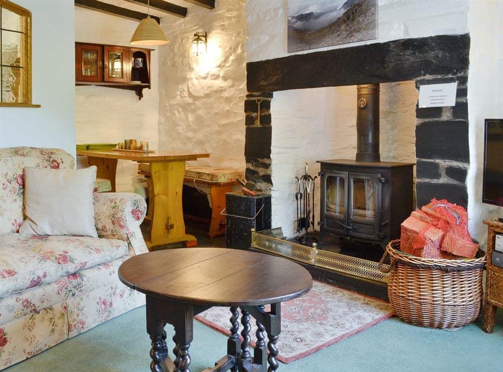 Welcoming living and dining room with wood burner at Bron Elan in Dolwyddelan, near Betws-y-Coed, Gwynedd
