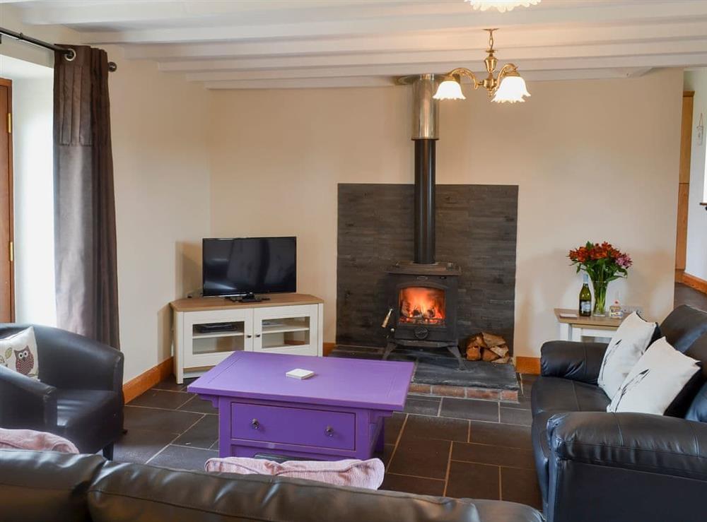 Spacious and warm living room with wood burner at Yr Hen Feudy, 