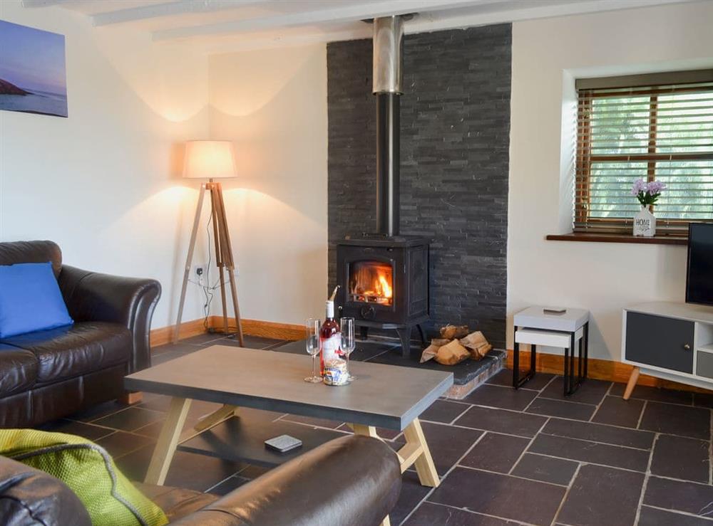 Spacious and warm living room with wood burner at Yr Hen Stabal, 