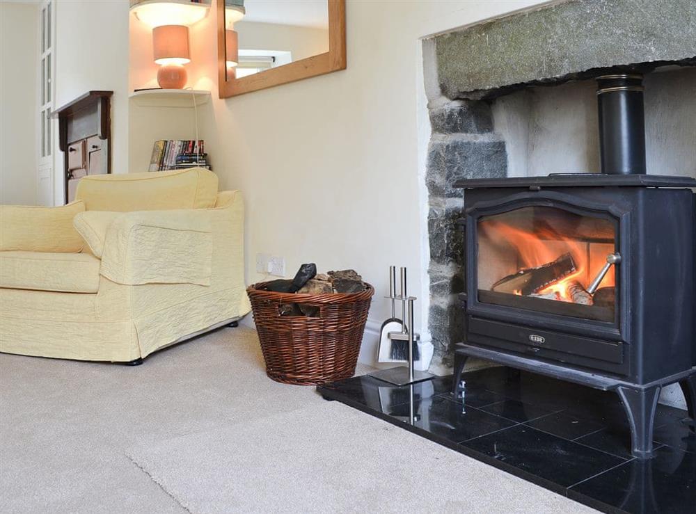 Warm and welcoming living room with wood burner at Bronwerydd in near Clynnog Fawr, Gwynedd, Wales