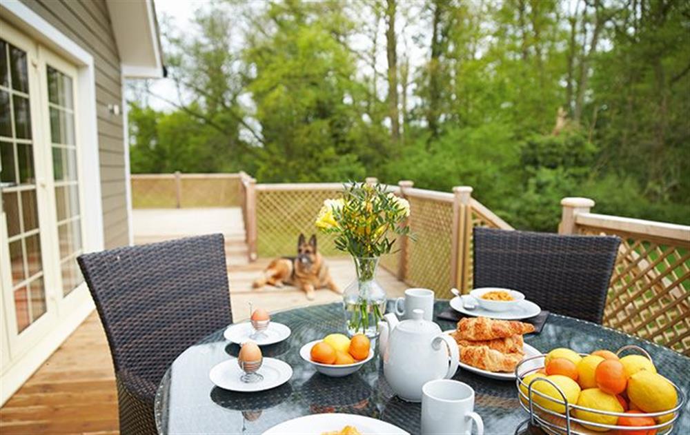 Decked area with garden furniture and hot tub at Brook Lodge (Suffolk), Wakes Colne