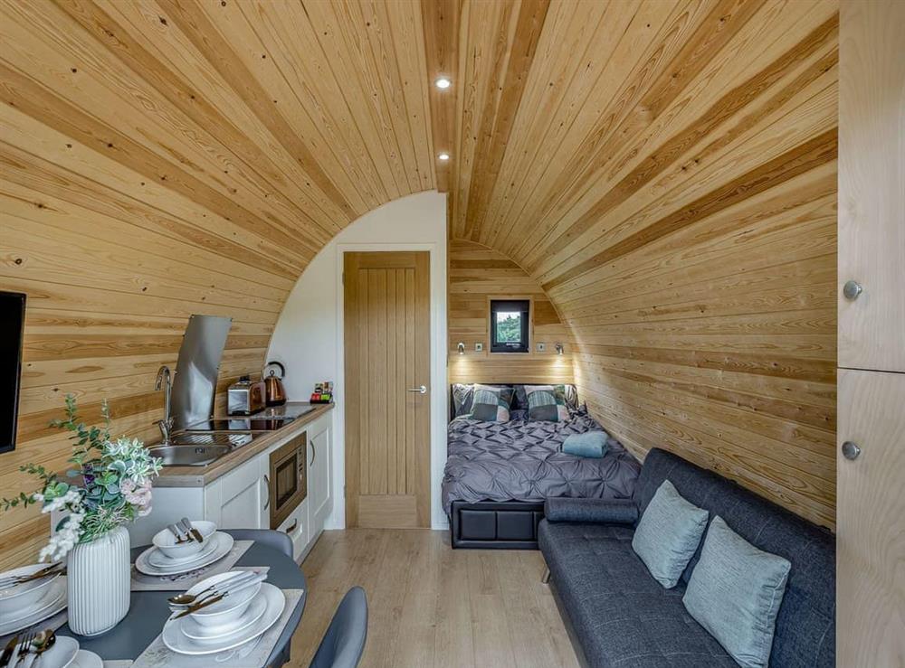 Open plan living space at Brook Valley Glamping-Beech in Llanfair Caereinion, Powys
