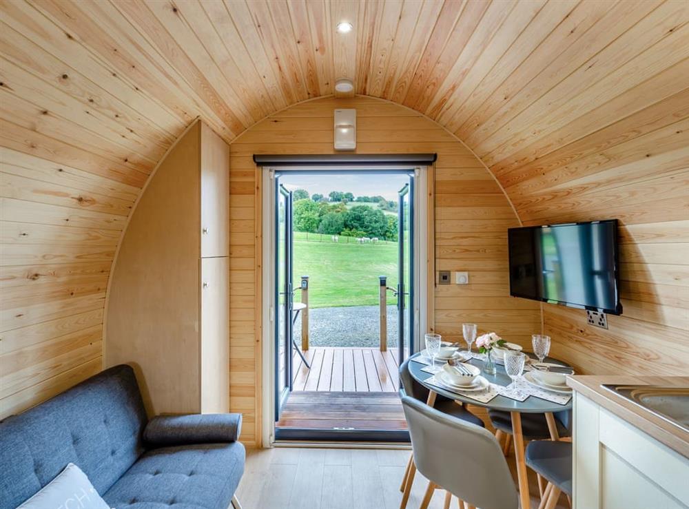 Open plan living space at Brook Valley Glamping-Elm in Llanfair Caereinion, Powys